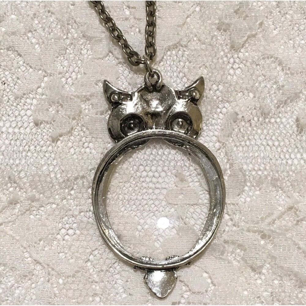 Owl Magnifying Glass Pendant Necklace Silver Tone Charm Delicate Statement - Picture 4 of 7